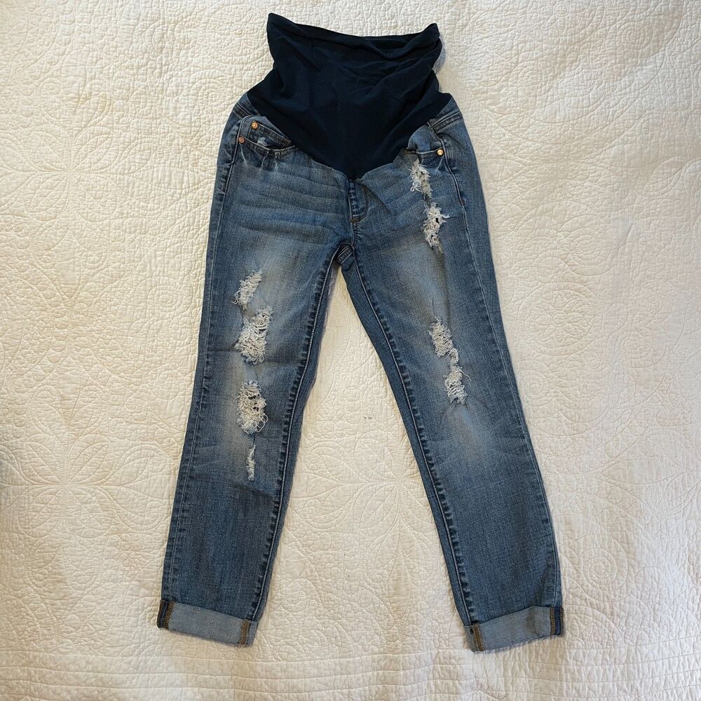 LED Luxe Essentials Denim Maternity Distressed Skinny Jeans Secret Fit Size 27